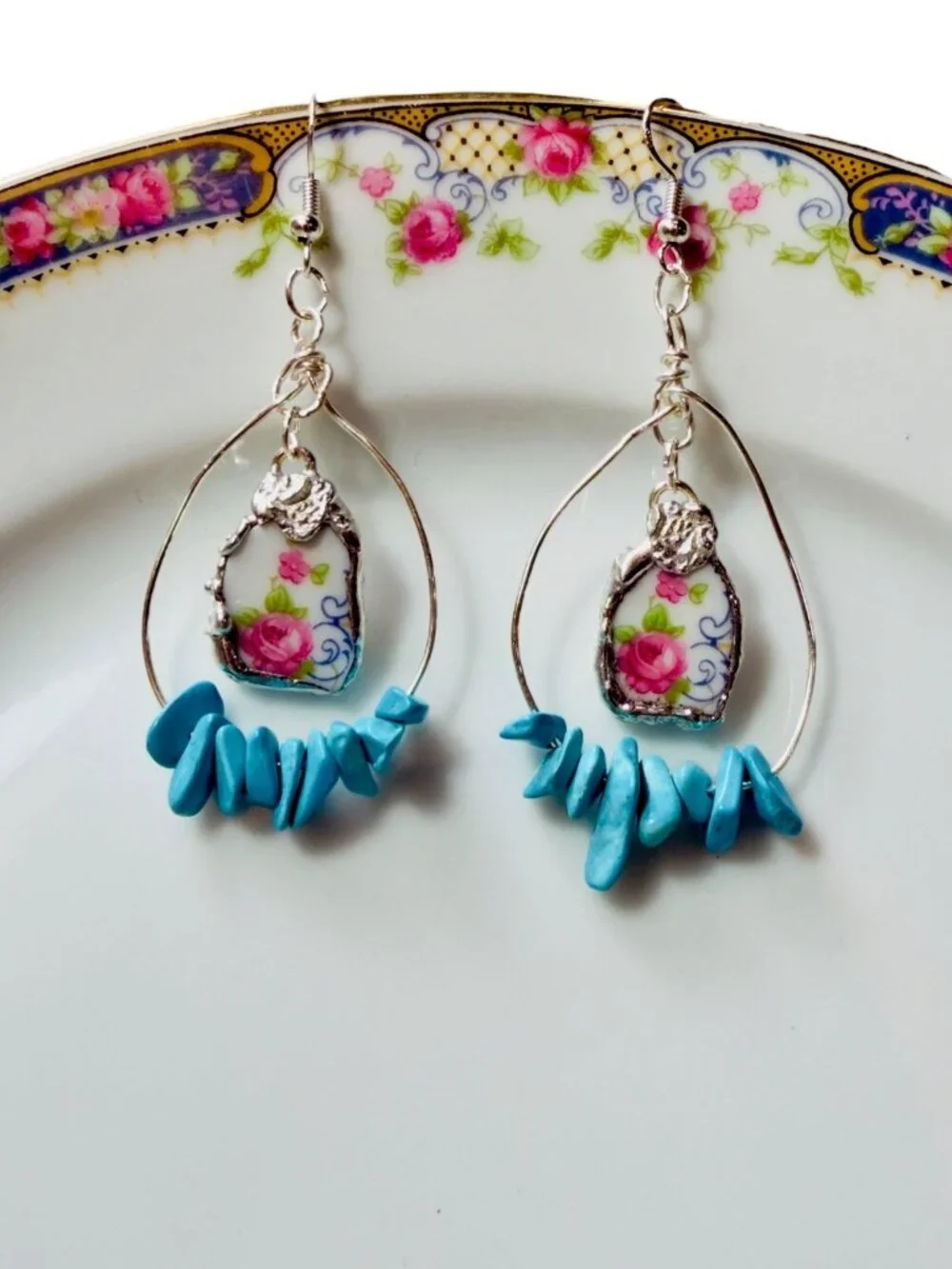 Bavaria Franklin 4177 Rose China Earrings - Genuine Turquoise Accents Handmade - Picture 5 of 7